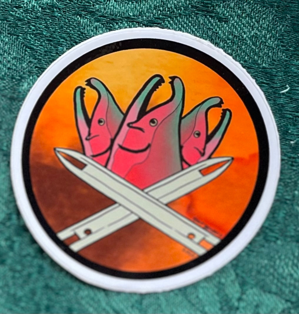 Vinyl Sticker Sunset Red Salmon and Fishing Netting Needles